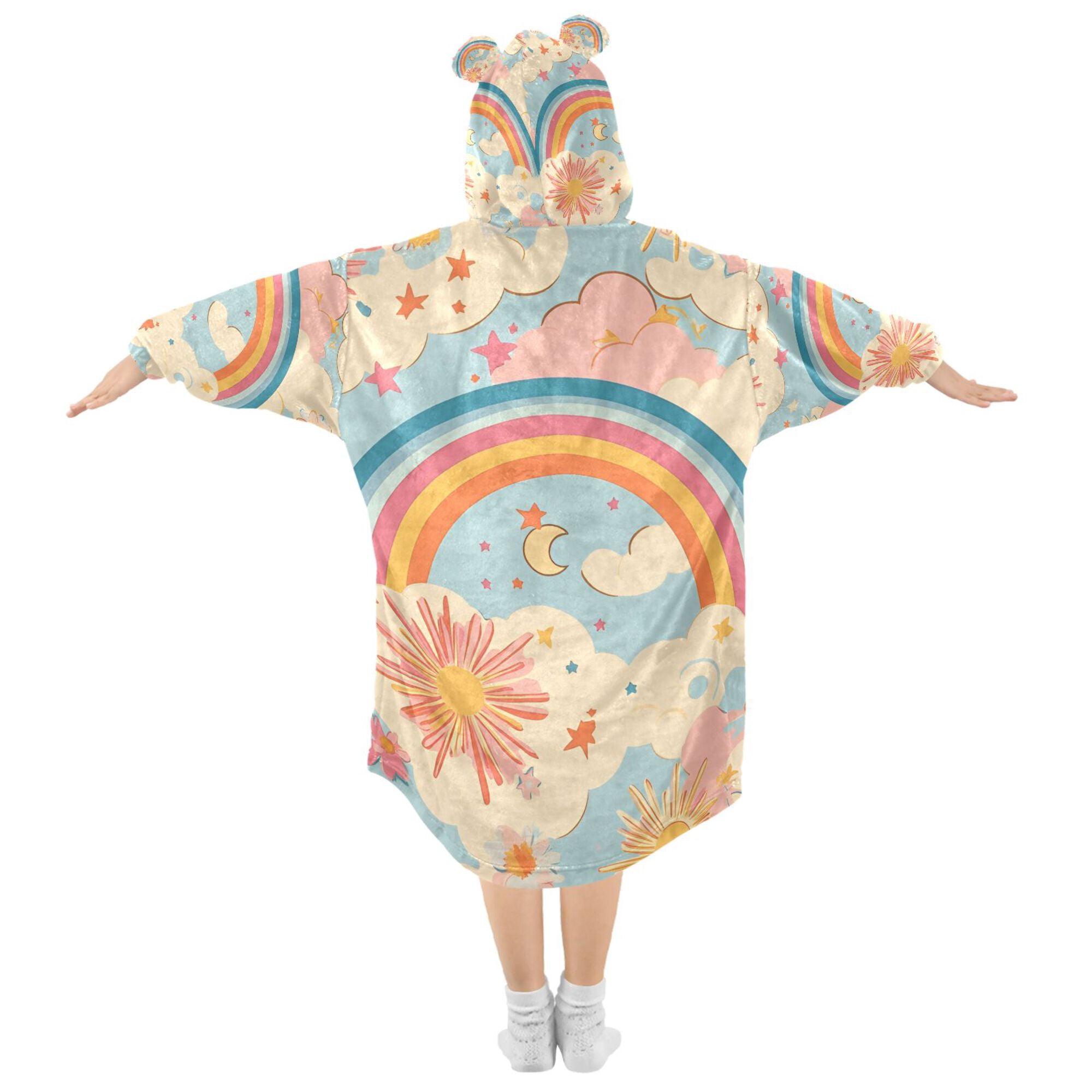 FORMRS Wearable Blanket Hoodie with Sleeves for Kids Cozy Flannel Sweatshirt, Pink Retro Sun