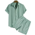thumbnail image 2 of USNSM Men's Summer Cotton Linen Button Shirt Short Sleeve Top Elastic Waist Shorts Loose Soft Comfort Breathable Suit Green M, 2 of 3
