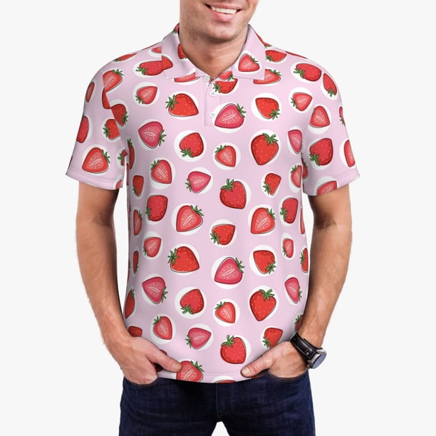 Balery Hand Drawn Strawberry Camisa Polo de Hombre con Estampado, de Manga Corta y Tejido Medio, Camisa Tipo Golf Polo-Small