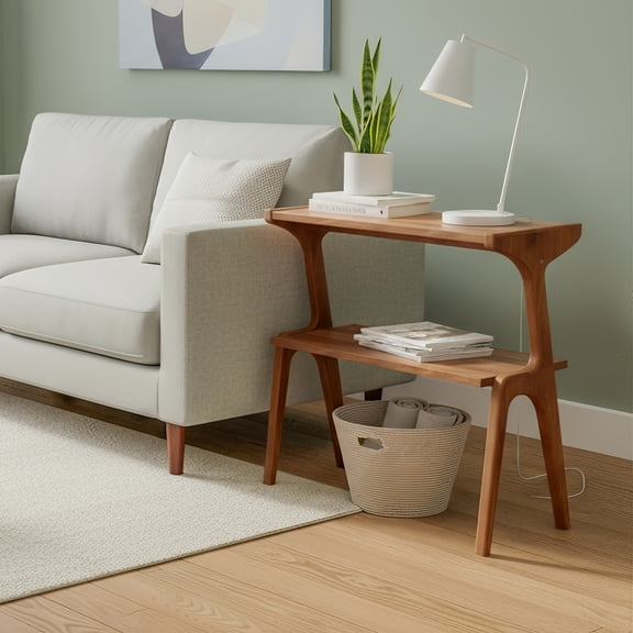 Farmhouse Slim Sofa Side Table with Storage Shelf, Modern Tall End Table with Wood Legs, Narrow Nightstand for Bedroom Living Room Home Office in Walnut