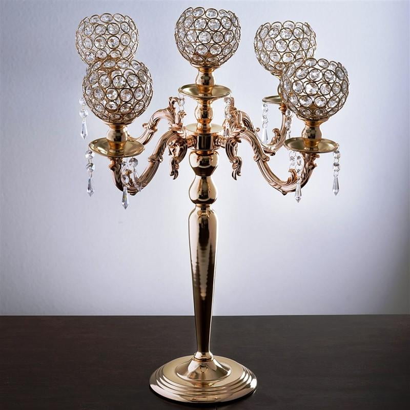 25 Tall 5 Arm Gold Crystal Beaded Globe Metal Candelabra Candle Holder Set