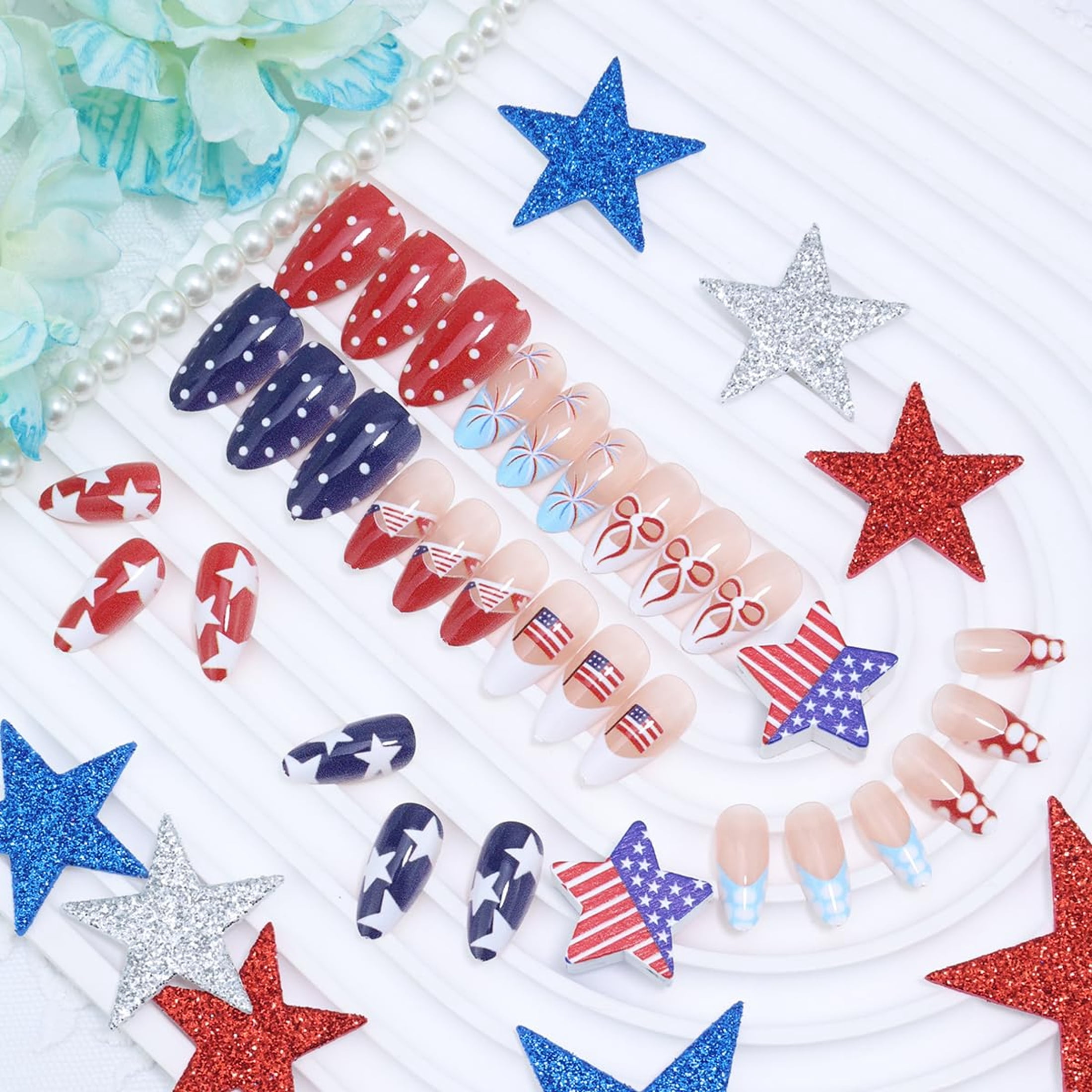 RAGUPEL 4Th of July Press on Nails Medium Almond Fake Nails Red White and Blue French Tip False Nails with Polka Dots Bow Designs American Flag Glue on Nails Independence Day Stick on Nail