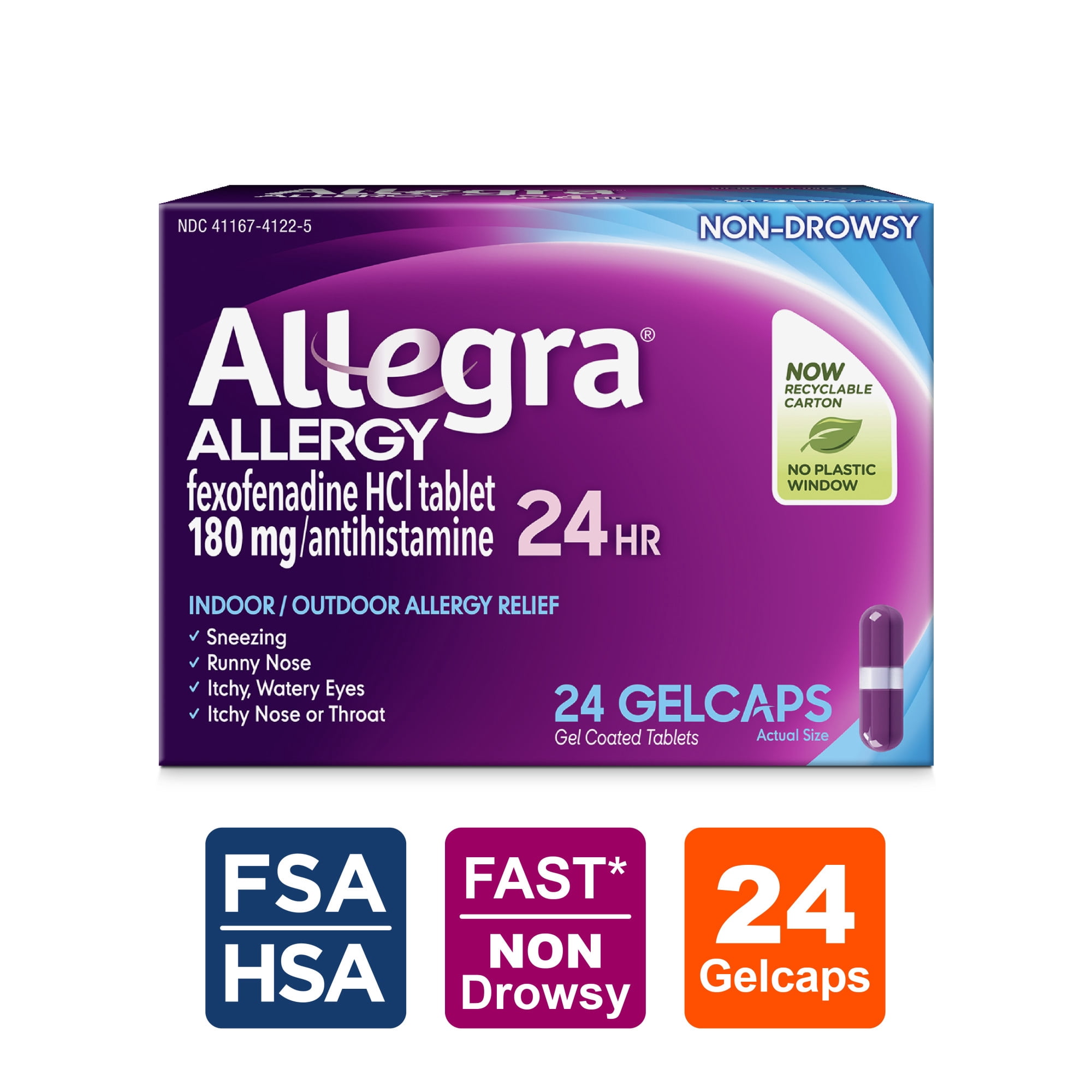(4 pack) Allegra Adult 24-Hour Allergy Relief Gelcaps, Non-Drowsy Indoor and Outdoor Allergy Medicine, 180 mg Fexofenadine HCI Antihistamine Pill, 24-Count