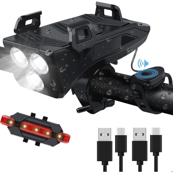 Bike Light, 3LED USB Rechargeable 4000mAh Headlight, Waterproof Front Lights and Rear LED Bicycle Light Set with Power Bank Horn Phone Holder Fits All Bicycles Cycling Road Mountain