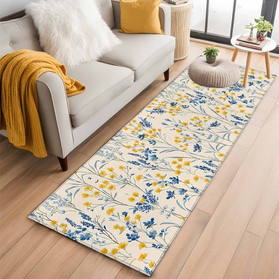 Blue Yellow Flowers Kitchen Runner Rug 2x6 Washable Runners for Hallway Non Slip Botanical Blossom Motif Large Area Rug Indoor Floor Carpet for Bathroom Laundry Entryway Bedroom Living Room