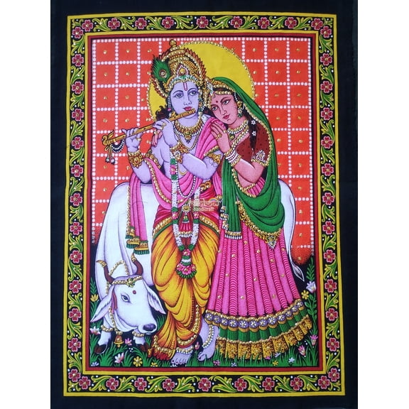 Lord Krishna Radha Tapestry Sequin Wall Hanging, Hindu Cotton Print Indian Home Decor Art Gift
