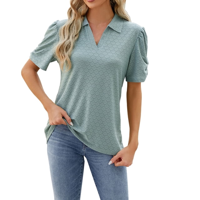Timegard Tops for Women Summer Eyelet Lapel V-Neck Ruched Short Sleeve Solid Color Dressy Casual Loose Tops