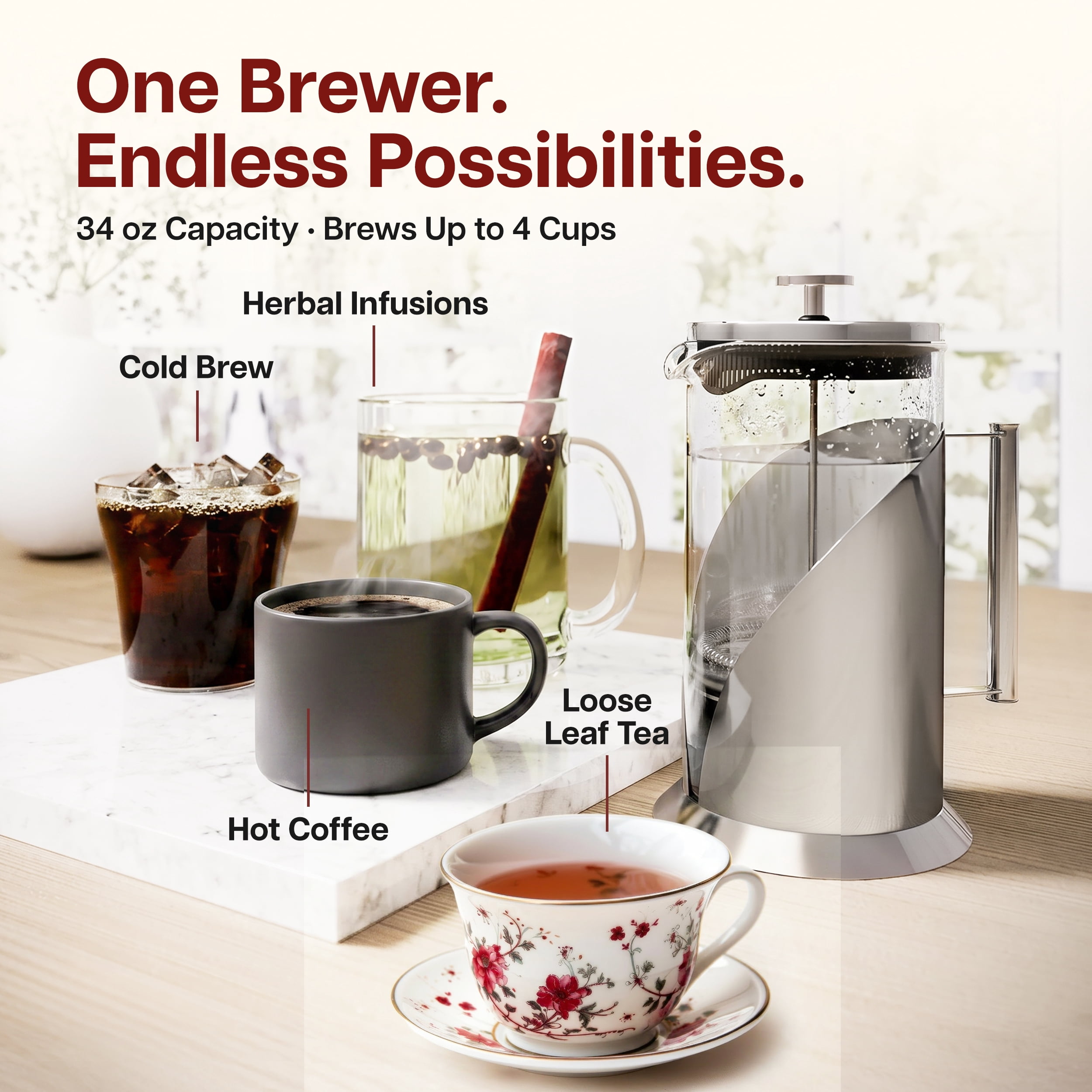 Cafe Du Chateau French Press Coffee Maker, 34oz, heat resistant