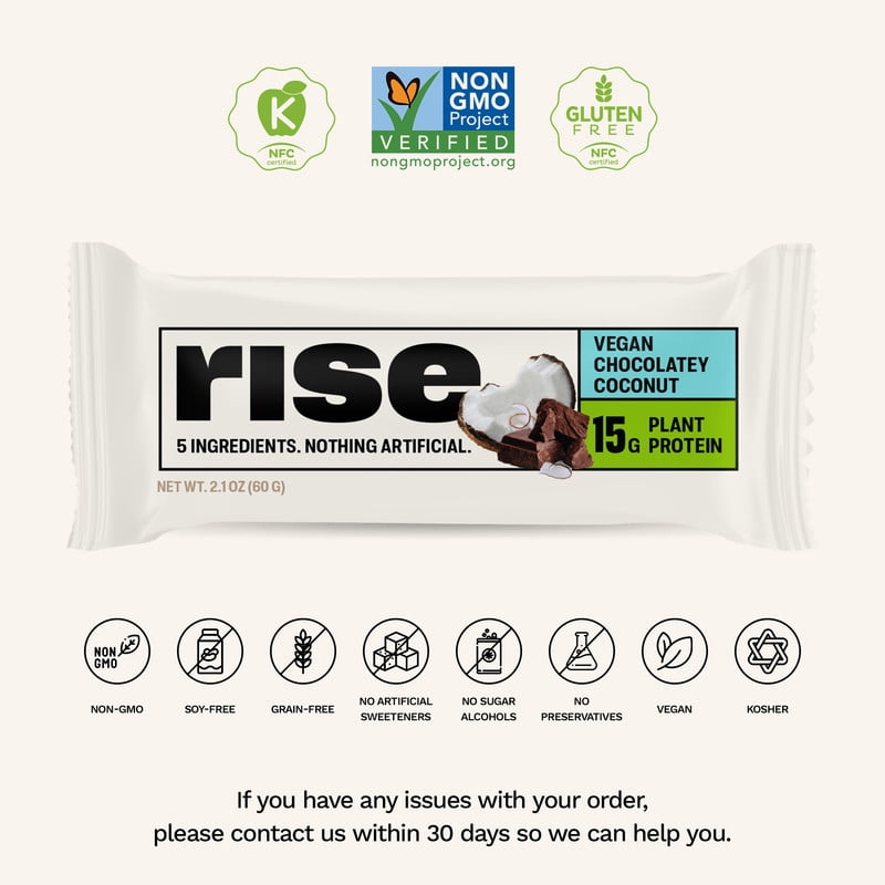 Rise Pea Protein Bar - Chocolatey Coconut | Breakfast Bar & Protein Snack 15g Protein Just 5 Whole Food Ingredients Non-GMO Gluten-Free Soy Free (12 Count)