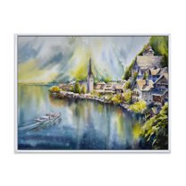 Designart 'The River In Austria Through Mountain Village' Nautical & Coastal Framed Canvas Wall Art Print