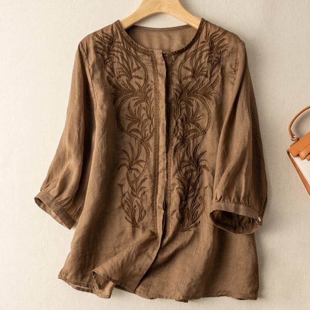 Meichang Cotton Linen Tops for Women 3/4 Sleeve Crew Neck T Shirts ...