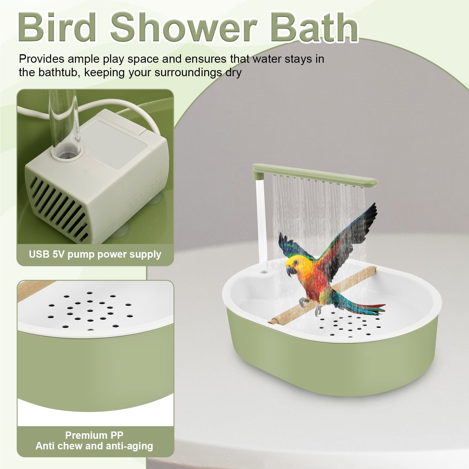 Bird Shower Bath Generous Capacity USB Electric Circulating Water Bird Bathtub Automatic Parakeet Bird Bath with Pump for Lovebird Cockatiel Finches Cockatoo Conure