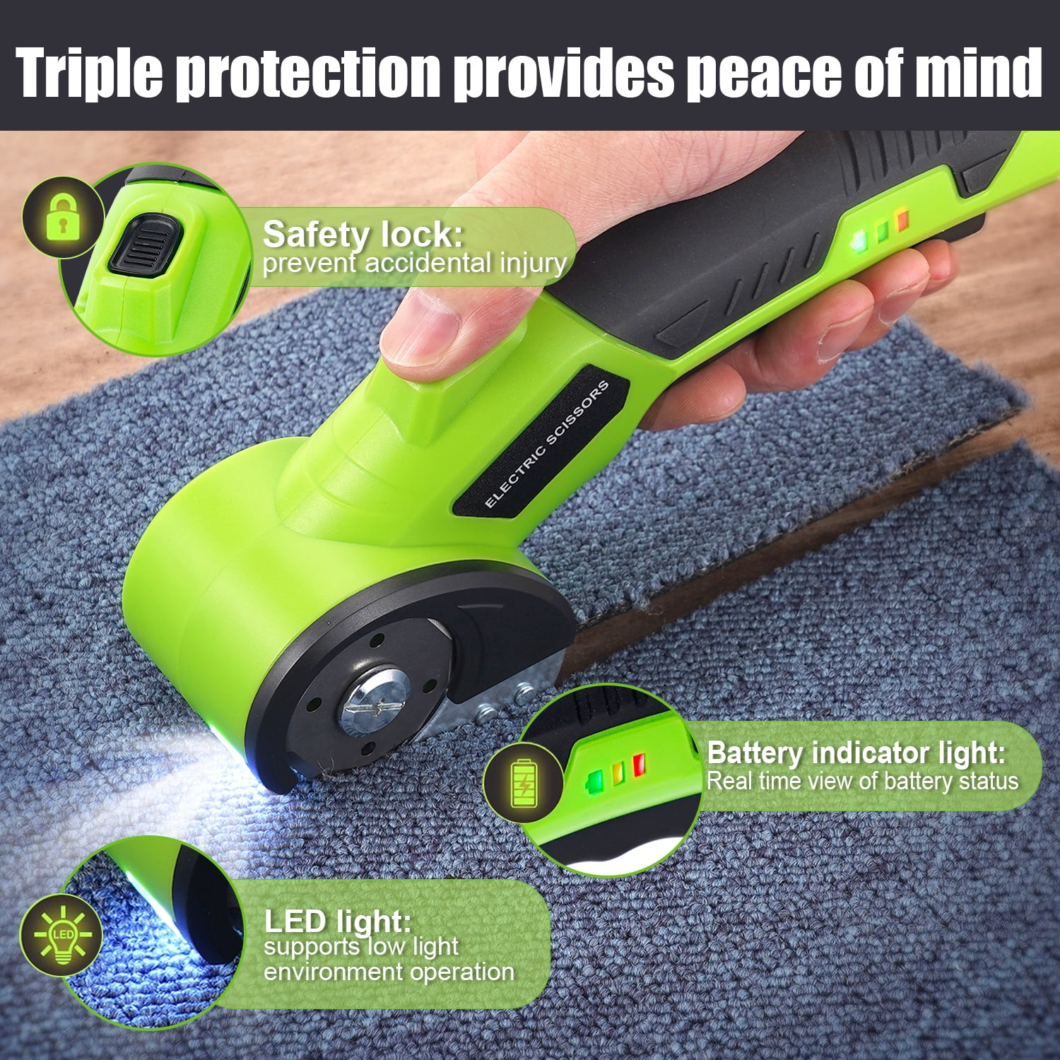HORMY Cordless Electric Scissors, 3.6V Rechargeable Cardboard Box Cutter with Safety Lock & LED Light, Power Rotary Cutter for Fabric Carpet Leather