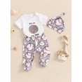 thumbnail image 3 of Bagilaanoe 3pcs Newborn Baby Boy Summer Outfits Pants Set Letter Short Sleeve Romper Tops + Leggings + Hat 3M 6M 12M Infant Casual Clothes, 3 of 8