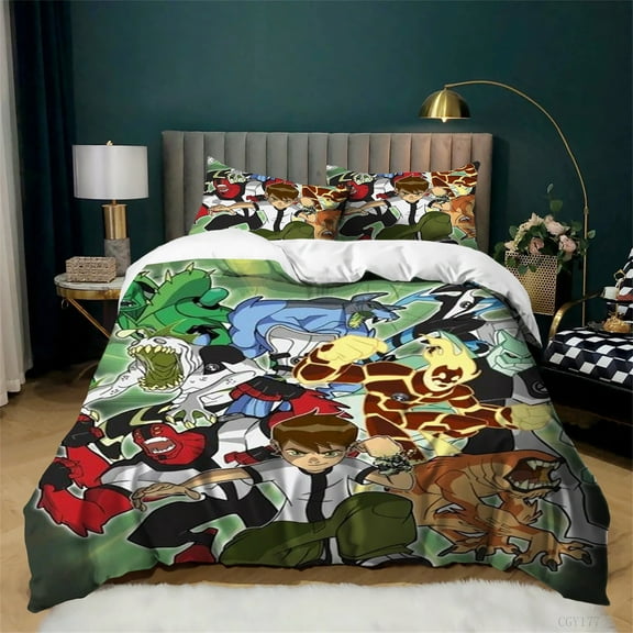 Cartoon Ben-10 Duvet Cover Set Ultra Soft Breathable Bedding Set Queen Size Lightweight Duvet Cover with 2 Pillow Cases