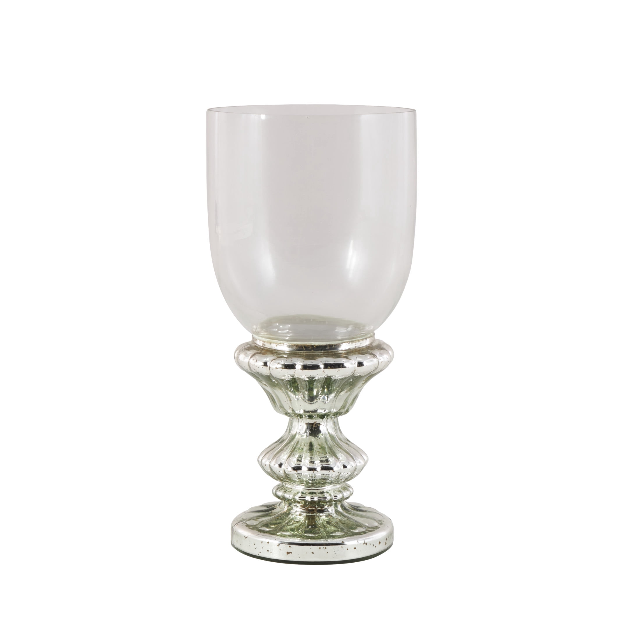 DecMode Silver Glass Handmade Turned Style Pillar Hurricane Lamp with Faux Mercury Glass Finish
