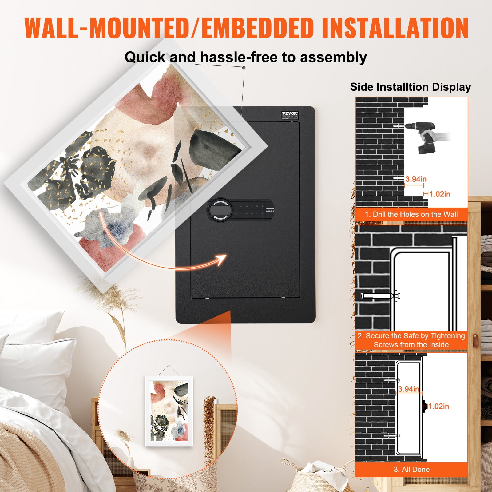 VEVOR 25.59" Tall Wall Safe,3-Tier Hidden Wall Safe with Keypad, 3 Removable Shelves & 6 Key Holders, Q235 Cold-Rolled Steel In Wall Safe with LED Light & Vibration Alarm for Money, Jewelry,Passport