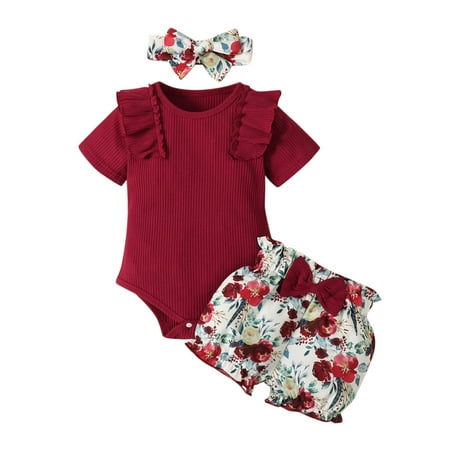

Infant Girls Outfit Ruffles Short Sleeve Ribbed Romper Bodysuits Bowknot Floral Printed Shorts Headbands Newborn Outfits Clothing For Girl