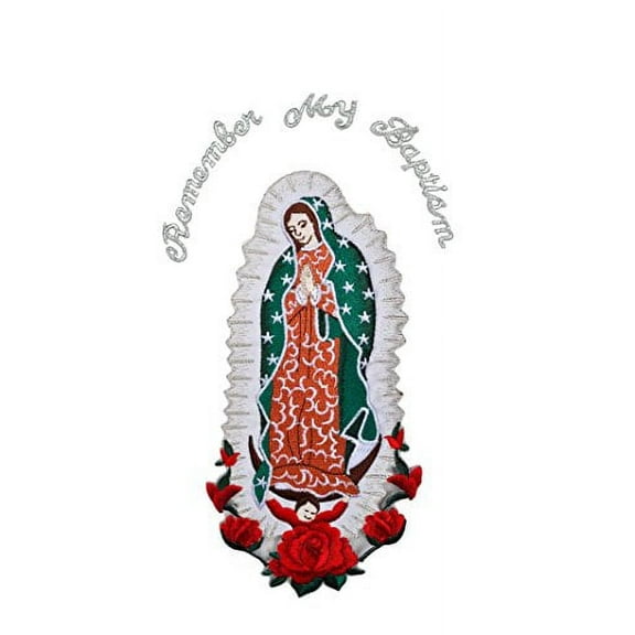 Christening Virgin Mary My Lady of Guadalupe Baptism Embroidered Iron On patch (Silver English Word 7"x4")