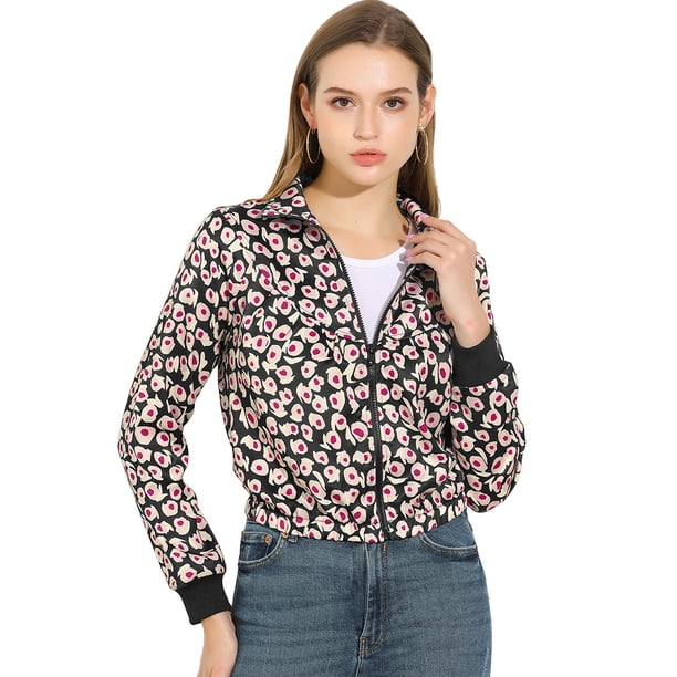 Allegra K Chaqueta Bomber Corta Floral Cuello Vuelto Cremallera Dobladillo Elástico Para Mujer Negro L Unique Bargains chaqueta