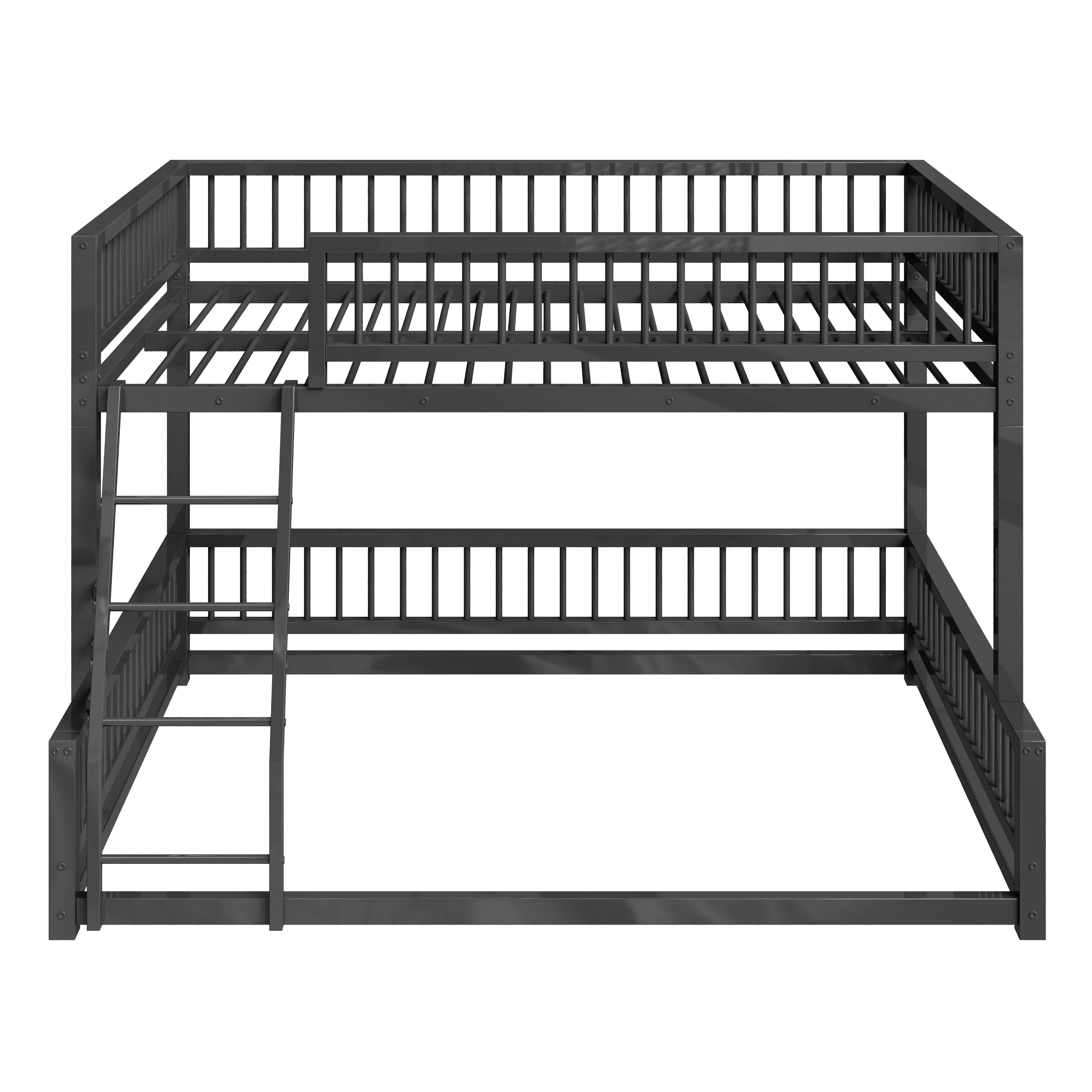 Euroco Metal Full XL over Queen Bunk Bed, Convertible Floor Bed with Ladder and Guardrails, Black