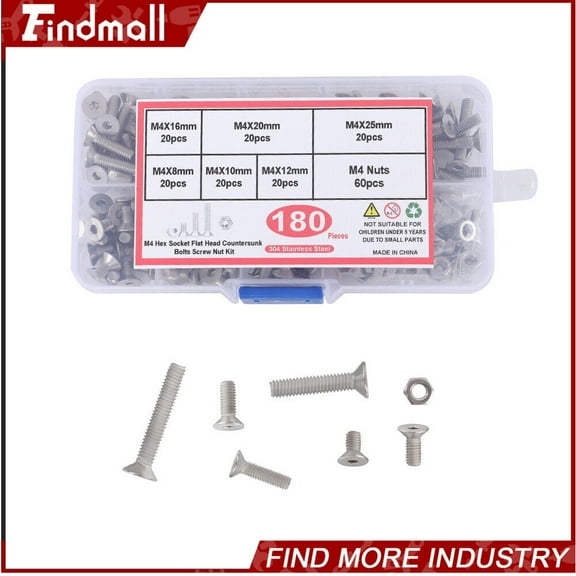 findmall 180pcs Metric M4 Hex Head Countersunk Bolts Screw Nut Assortment Kit