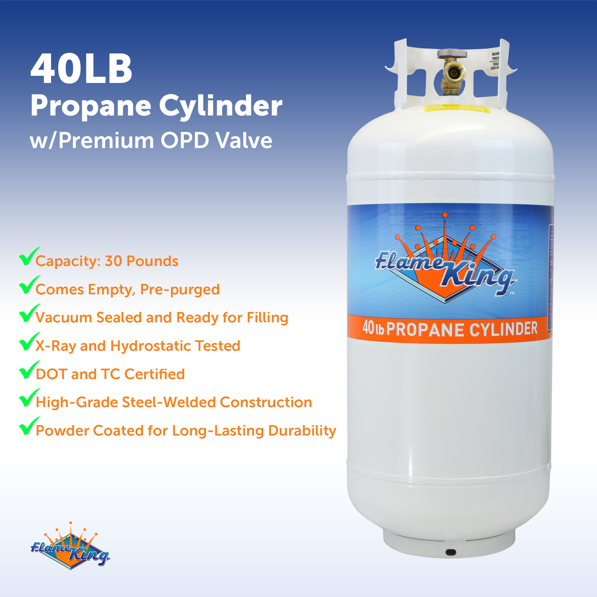 Flame King Empty Steel Propane Tank, LP Cylinder with Type1 OPD Valve, 40 lbs