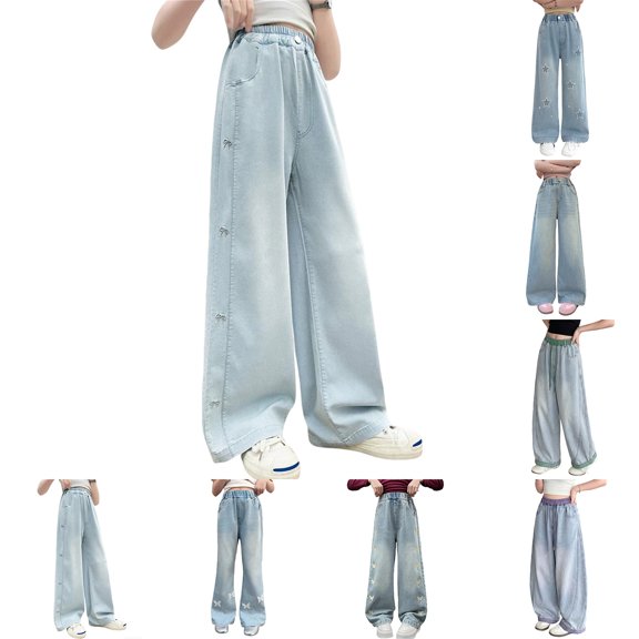 Baggy Jeans Girls High Waisted Wide Leg Bow Embroidered Pants Back To School Clothes Kid Jeans Size 3-14 Years