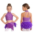 thumbnail image 6 of Doomiva Kids Girls Rhinestone Dance Crop Top and Tassel Feather Briefs Skirt 2 Piece Ballet Gym Latin Jazz Dance Outfit Purple 8, 6 of 6