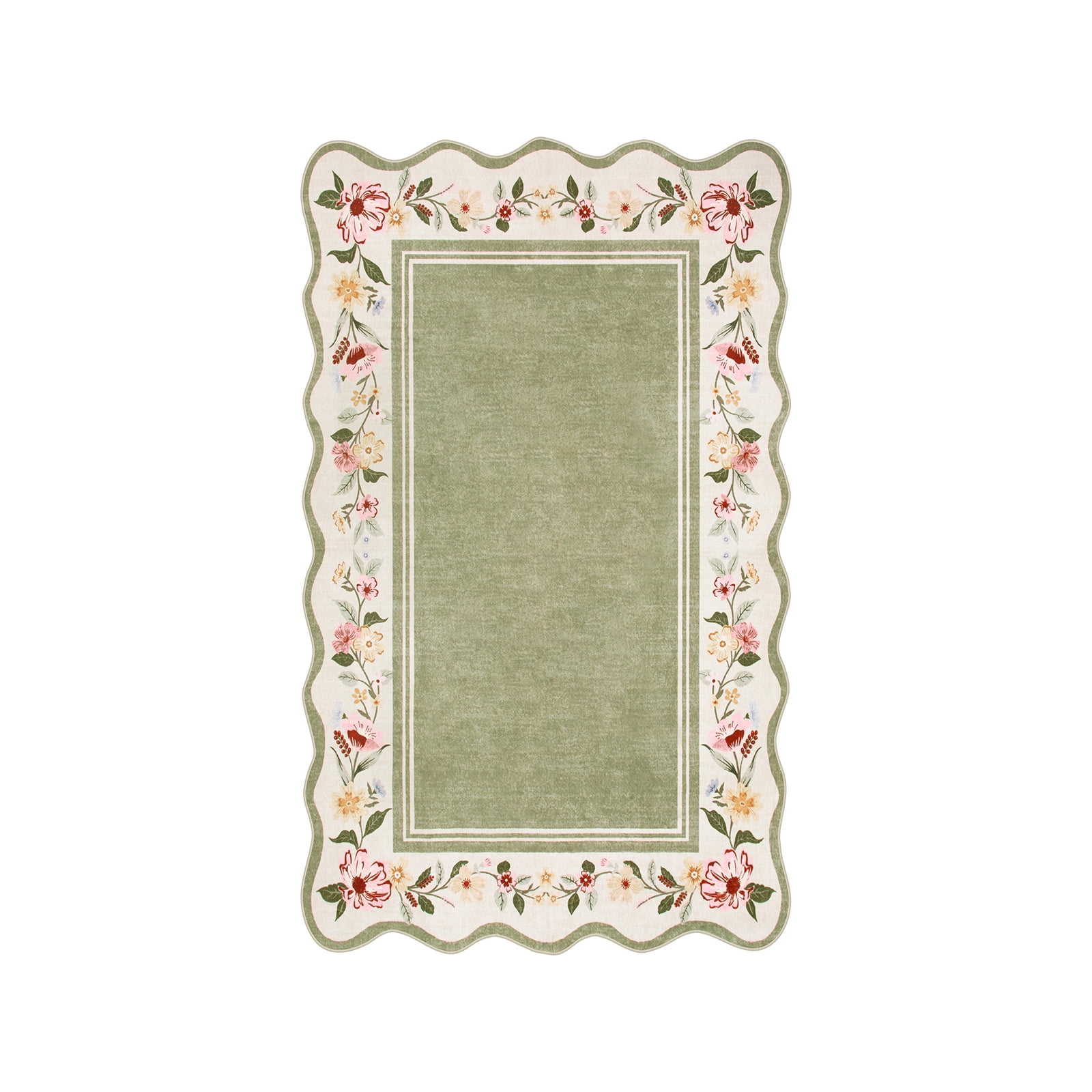 Lahome Washable 3'x5' Scalloped Area Rug, Green Floral Boho Rugs for Living Room, Ultra-Thin Soft Non-Slip Low-Pile Stain Resistant Carpet for Bedroom Dining Room Office, Green