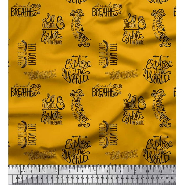 Soimoi Gold Rayon Fabric Explore The World Text Printed Fabric 1 Yard 42 Inch Wide