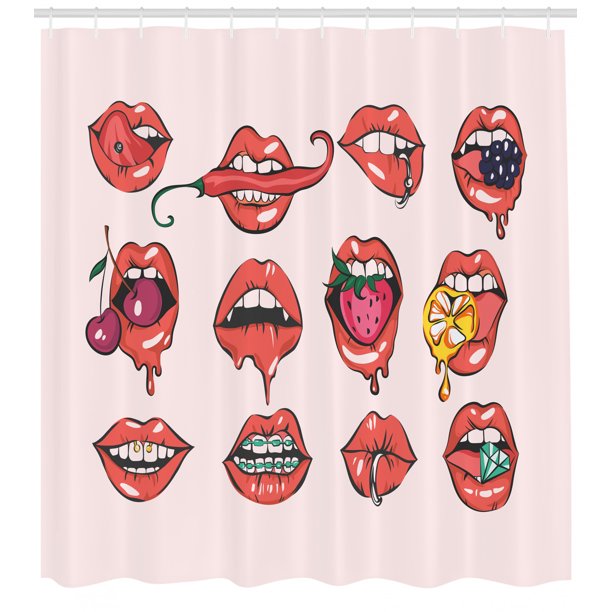 Lips Shower Curtain, Closeup Fleshy Lips Biting Strawberry