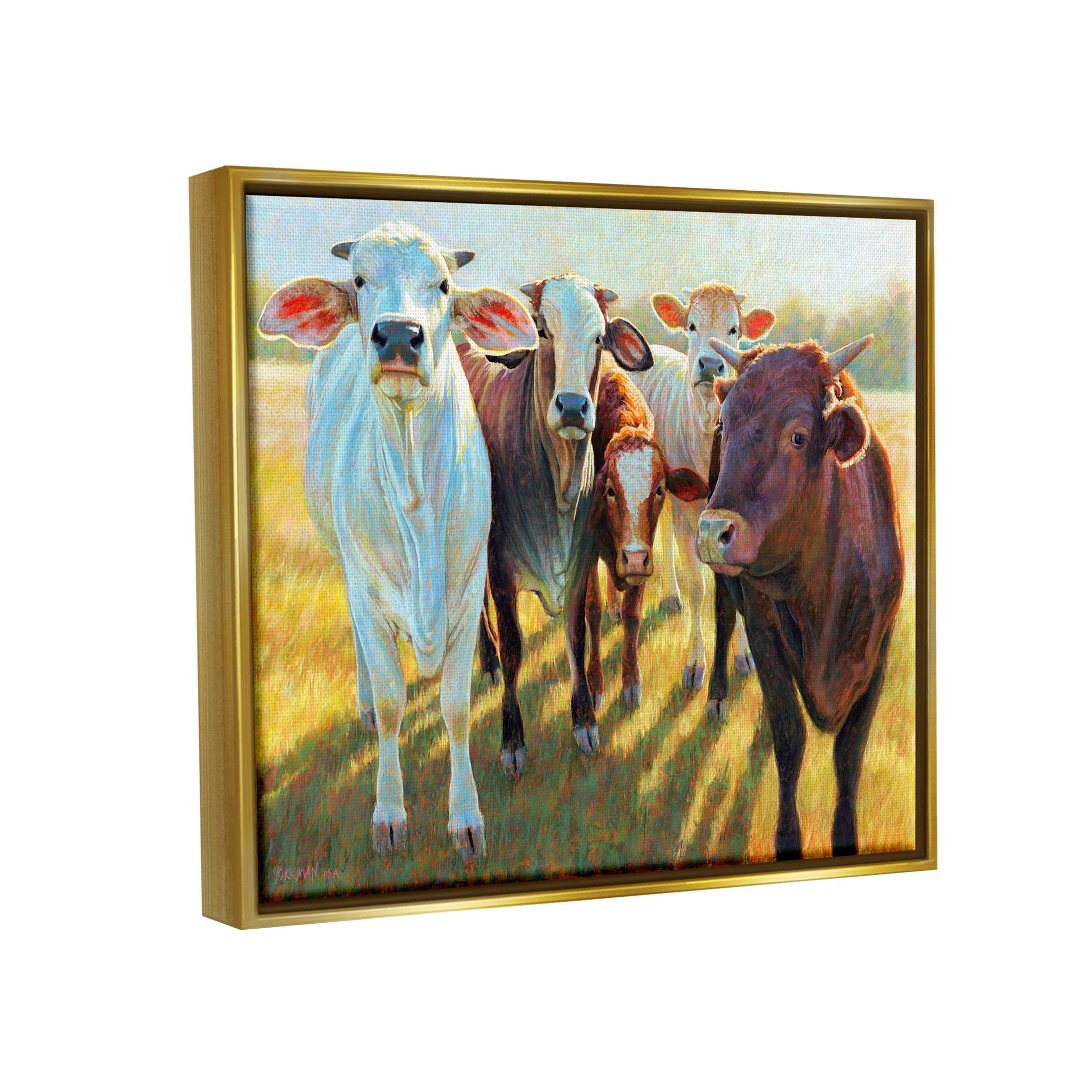 Various Cattle Sunny Farmland Field Animals & Insects Painting Metallic Gold Framed Art Print Wall Art