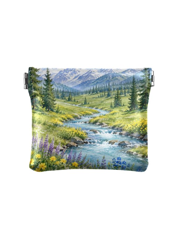 Compact PU Leather Coin Purse Small Spring-Frame Wallet Change Pouch for Travel & Daily Essentials Mountain Stream Landscape