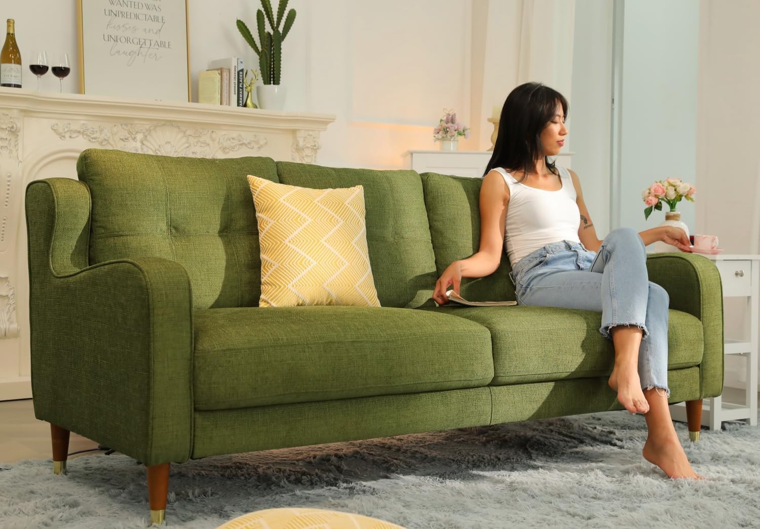 Farmdex 76-Inch Mid-Century Modern 3-Seater Sofa Couch with Spring Support, Linen Fabric, Solid Wood Legs, Ideal for Living Room, Dorm, and Bedroom Green