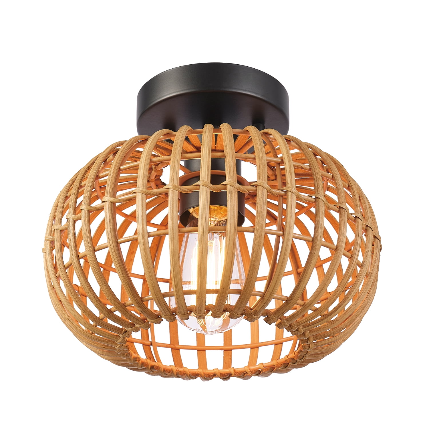 Globe Electric Fitz 1-Light Black Flush Mount Ceiling Light with Rattan Shade, 91000921