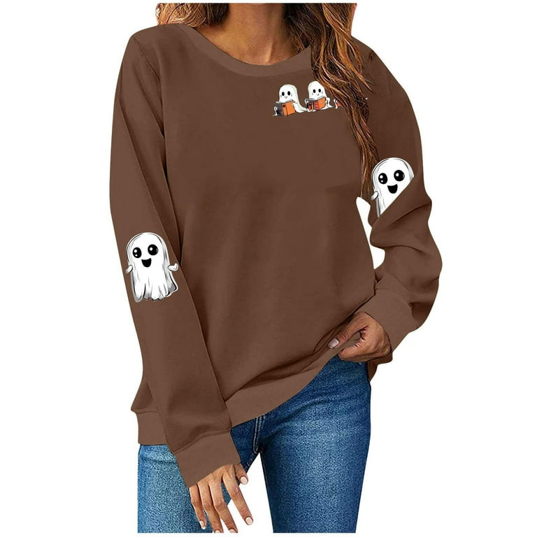 HOMBOM Crewneck Sweatshirt for Womens Spooky Season Pullover Brown