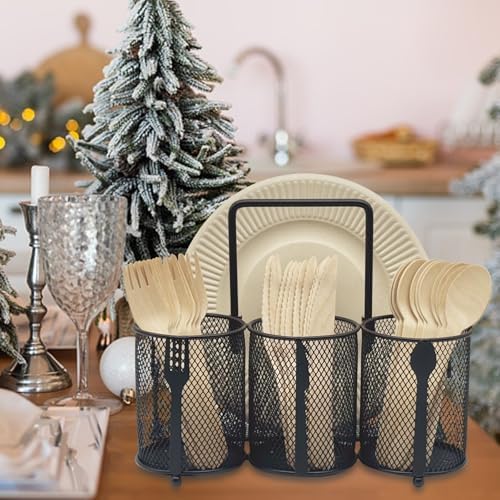 Utensil Caddy Silverware Holder - 4 Compartment Metal Mesh Cutlery Fork Spoon Napkin Plate Organizer Flatware Storage Basket Party Kitchen Countertop Buffet Picnic Camping Outdoor BBQ Black