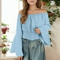 thumbnail image 2 of FINALGANG Girls Solid Color Off Shoulder Blouse Kids Flared Bell Sleeves Smocked Elastic Waistband Lightweight Casual Top For Streetwear Daily Wear Blue 14 Years, 2 of 4