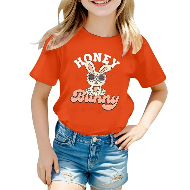 LUOGENLI T-Shirt pour Filles, Mode Décontractée pour Enfants, Imprimé, Col Rond, Manches Courtes, T-Shirt Maxi pour Filles, Été, Beige Orange, 8-9 Ans