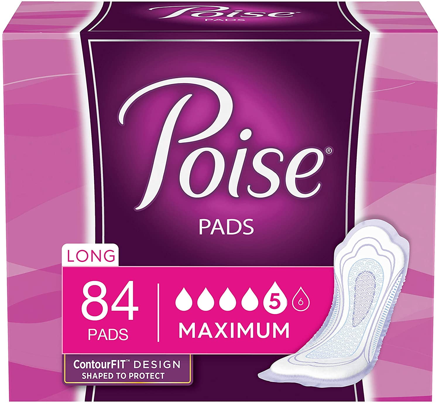 Poise Incontinence Pads for Women, Maximum Absorbency, Long, 84 Count (2 Packs of 42) (Packaging May Vary)