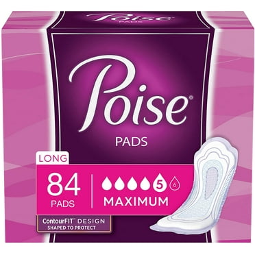 Poise Incontinence Pads for Women, Maximum Absorbency, Long, 84 Count (2 Packs of 42) (Packaging May Vary)