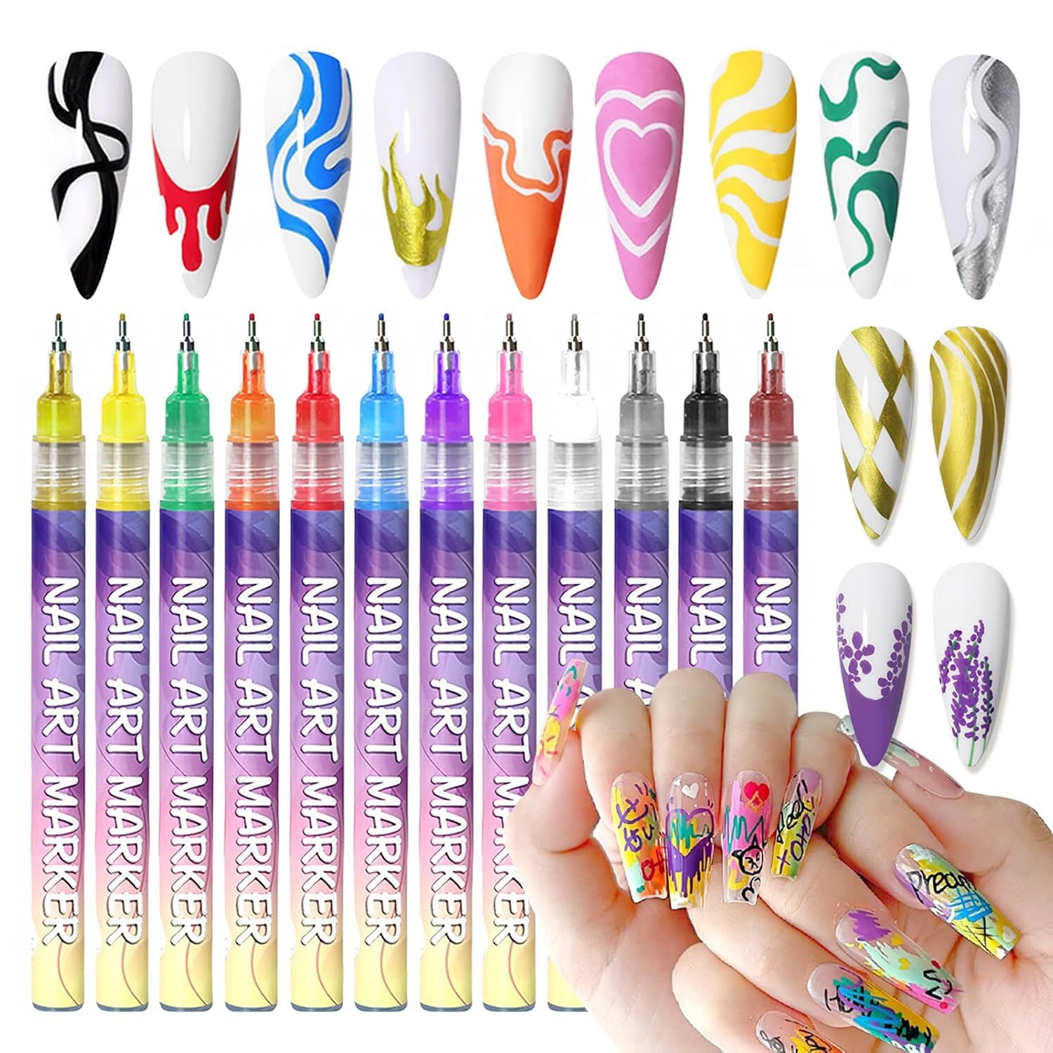 12 Color Nail Art Pens, 0.5 MM Nail Polish Pens Set Drawing Painting Point Liner Acrylic Painted Pen Kit, Waterproof and Quick-drying Nail for DIY Nail Design, Home & Salon Manicure Tools