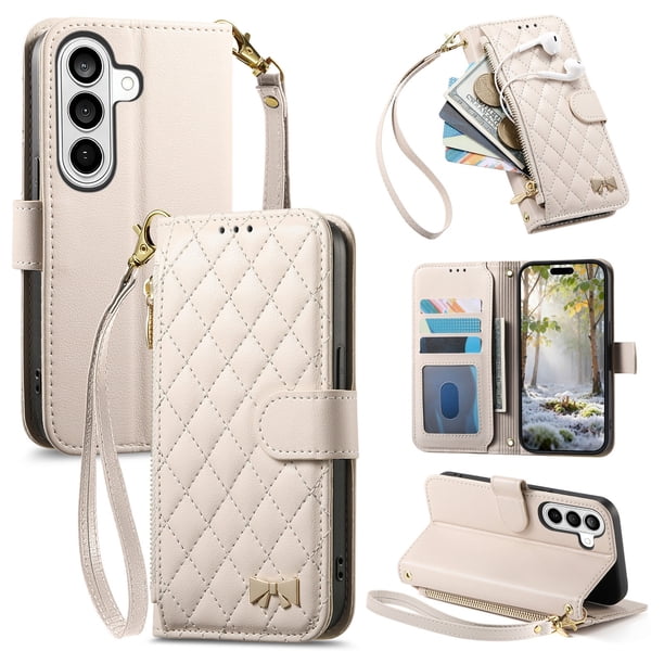 Funda tipo cartera FOXDOCK para Samsung Galaxy S26, estampado de diamantes, con ranuras para tarjetas, soporte y cremallera - Blanco