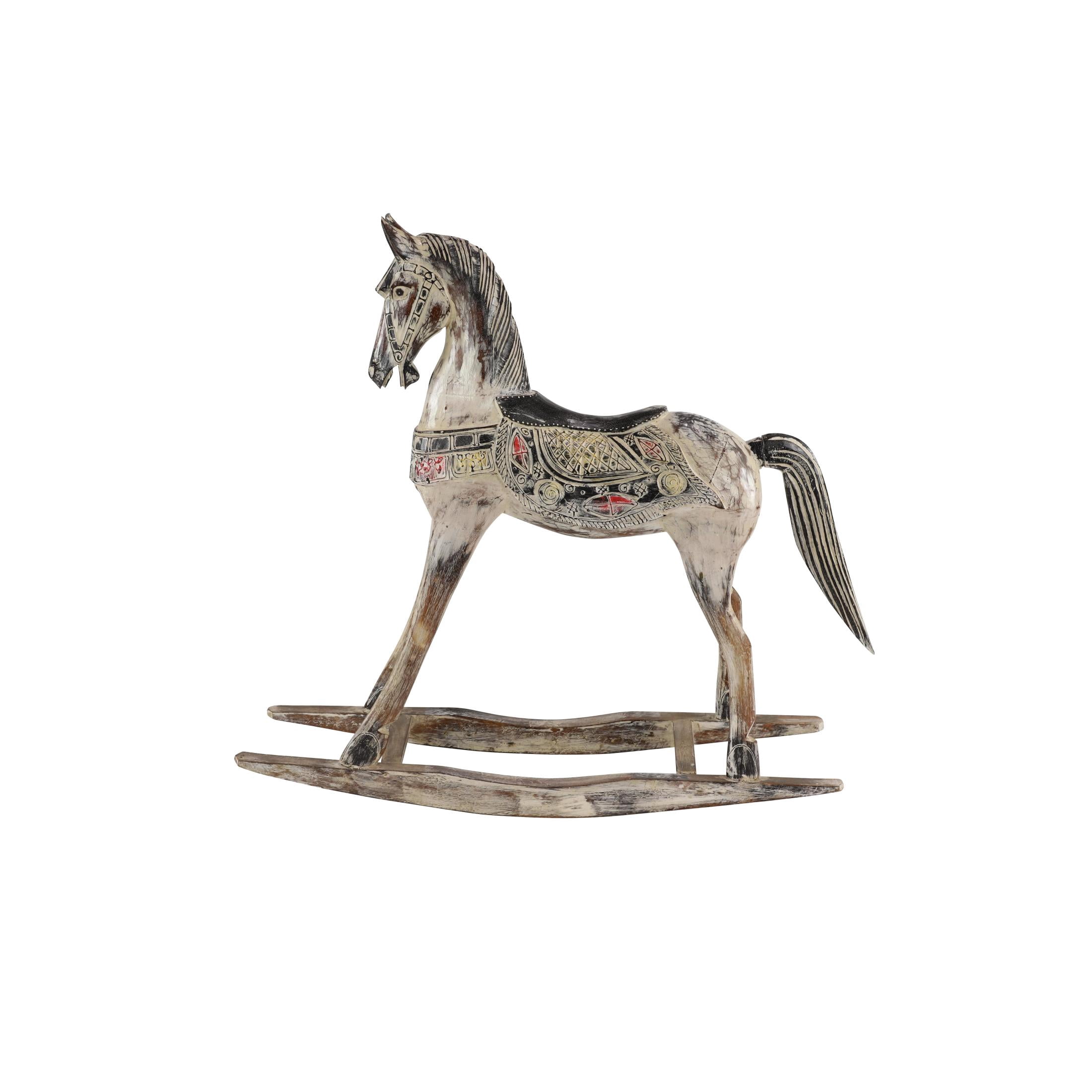 DecMode Beige Wood Horse Rocking Decorative Sculpture with Brown Distressing and Colorful Accents, 42" x 11" x 38"