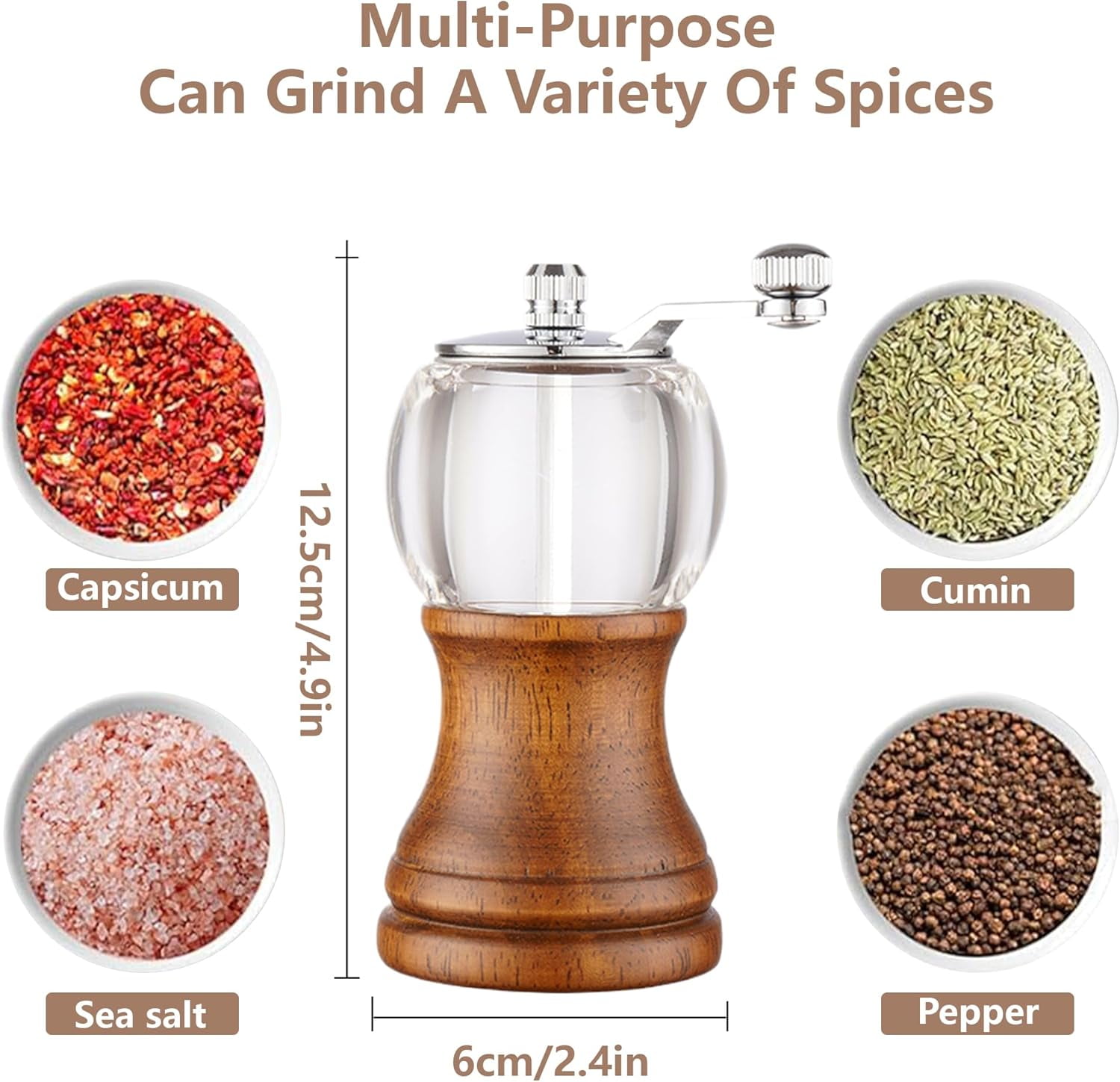 Salt And Pepper Grinder Set:Classical Hand Shake Spice Grinder,Adjustable Coarseness Grinder for Kitchen,Ceramic Blades and Metal Handle,Wooden Salt Grinder Refillable for Black Pepper,Sea Salt,2pcs