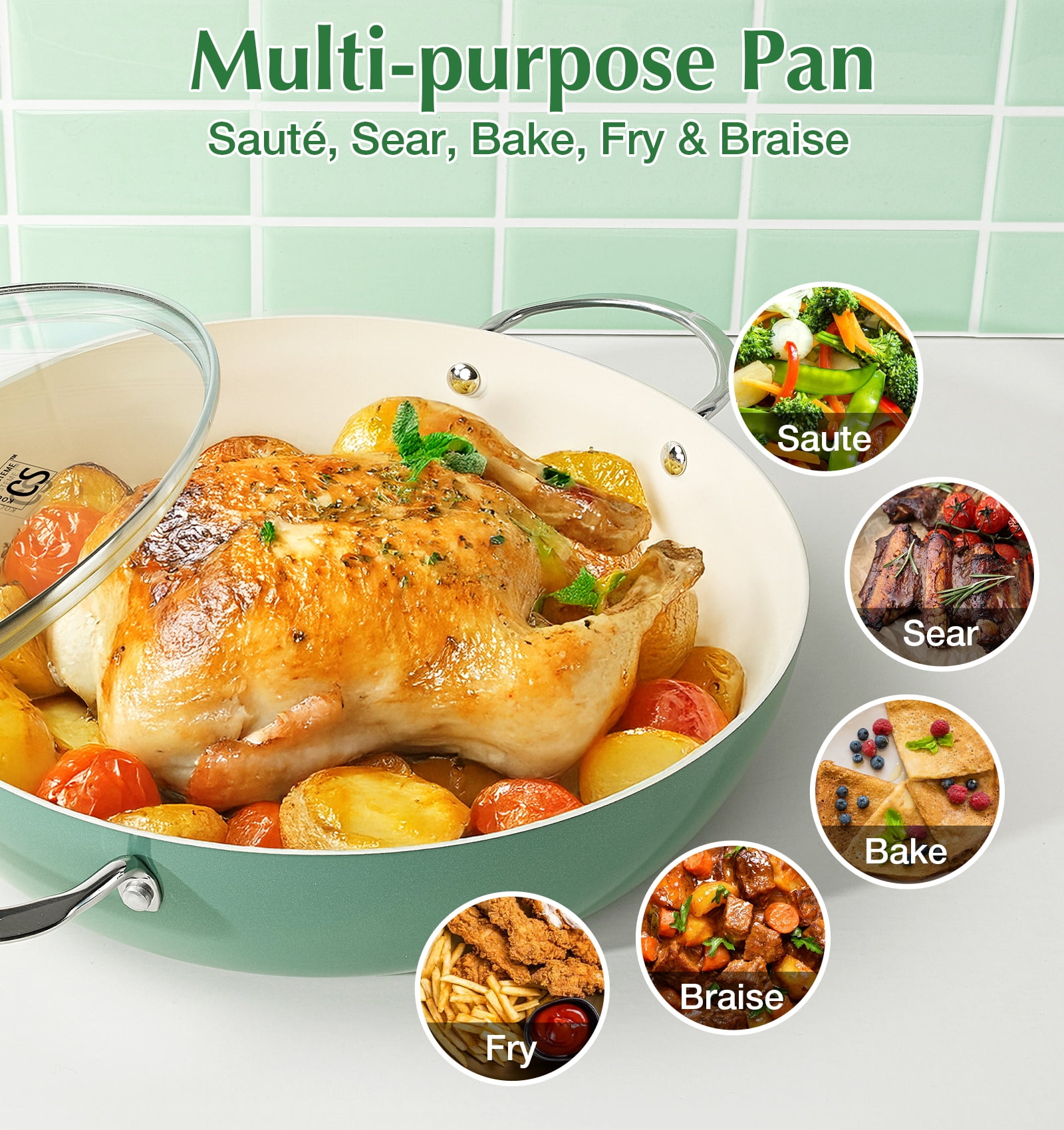 Koch Systeme CS 6QT Non-Stick Deep Frying Pan with Lid, Saute Pan with Aluminum Ceramic Coating, Dishwasher and Oven Safe, Green