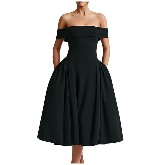 Women's Elegant Off The Shoulder Dresses Solid Color A-Line Swing Dress Wedding Evening Party Midi Dress with Pockets