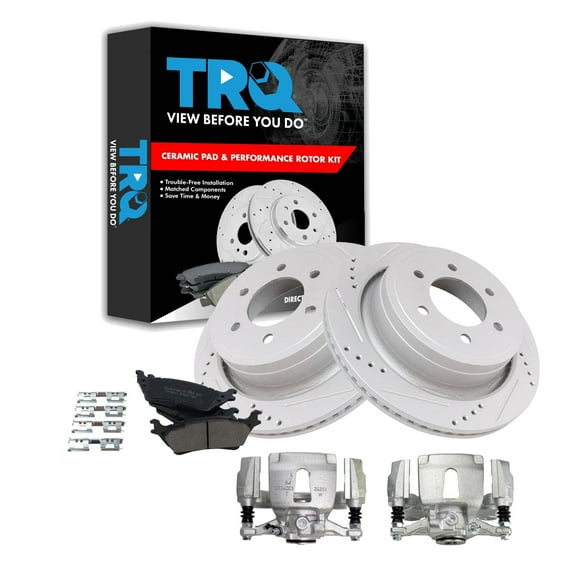 TRQ Rear Performance Brake Pad & Rotor Kit Brake Caliper Brake Pads Brake Rotors Set Ceramic Vented Premium G-Coated Fits Select 2015-2018 Ford F-150