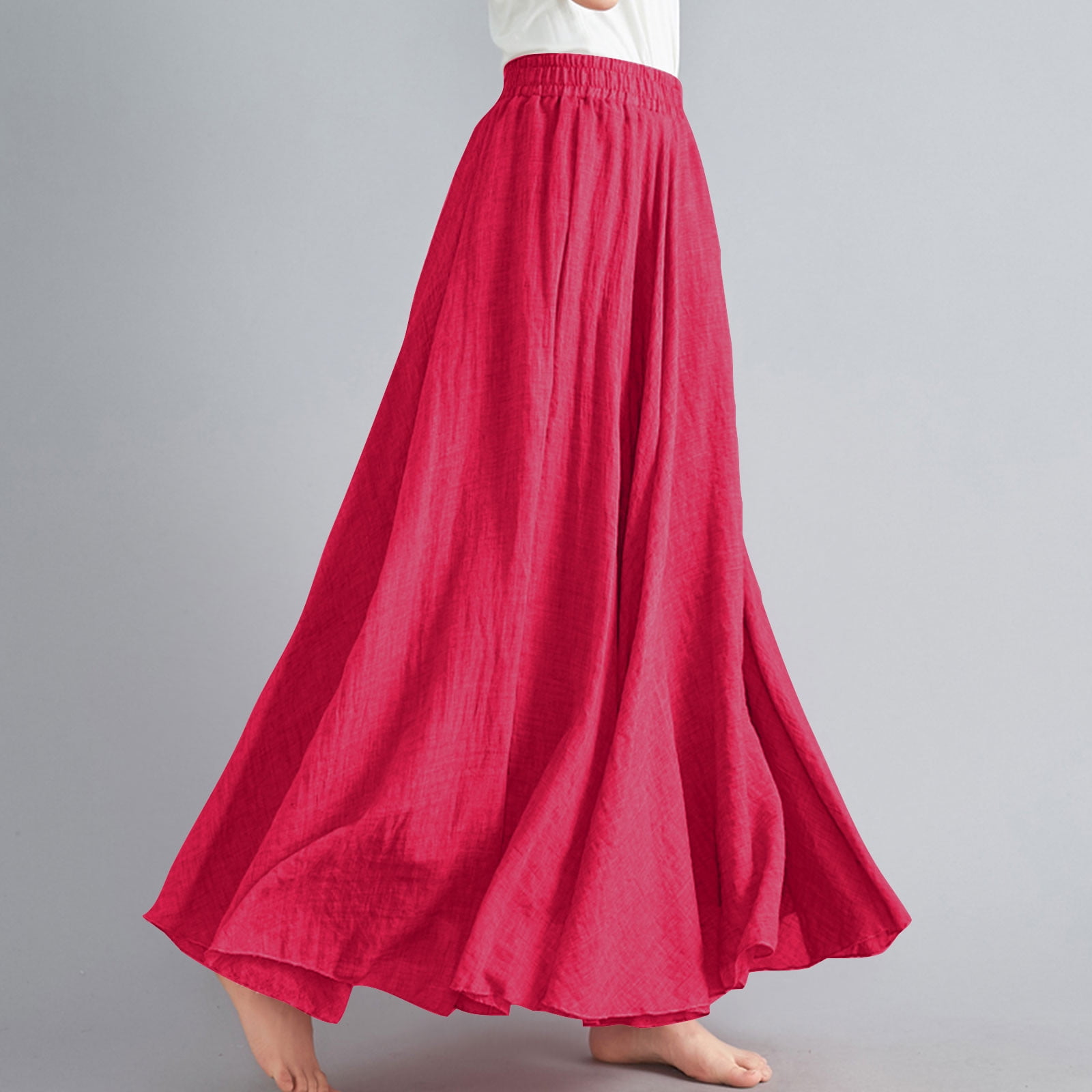 Cavosen Skirts for Women Trendy Summer Long Maxi Ankle Length Skirts Linen Pleated Pencil Skirts Elastic Waist Plain Summer Skirts Oversized Dress Athletic Beachwear Resortwear Red